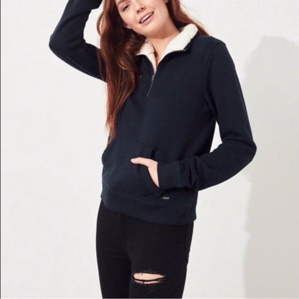 Hollister Navy Blue Sherpa-Lined Half Zip Sweatshirt